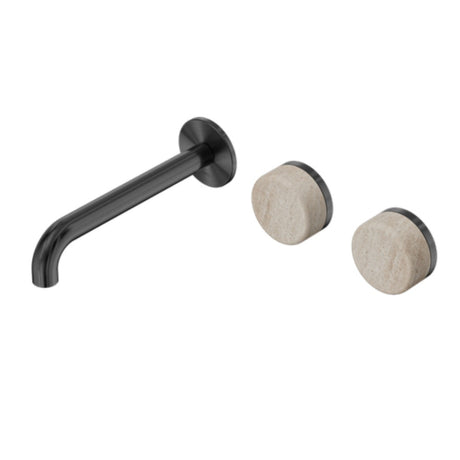 Nero Serenity Wall Basin Set 185mm Offset Spout w/ Rome Travertine Handle Gunmetal 24D061GM - Tapware 3 Piece