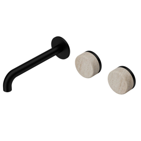 Nero Serenity Wall Basin Set 185mm Offset Spout w/ Rome Travertine Handle Matte Black 24D061MB - Tapware 3 Piece