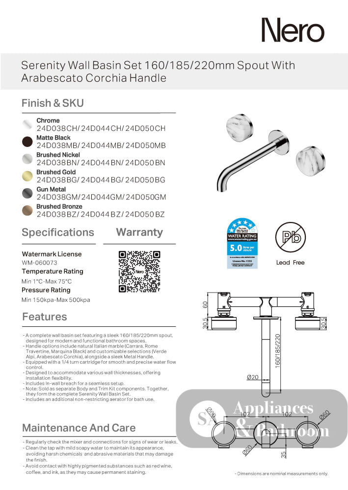 Nero Serenity Wall Basin Set 185mm Spout w/ Arabescato Corchia Handle Brushed Bronze 24D044BZ - Tapware 3 Piece
