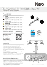 Nero Serenity Wall Basin Set 185mm Spout w/ Marquina Black Handle Brushed Bronze 24D122BZ - Tapware 3 Piece