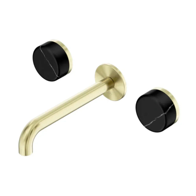 Nero Serenity Wall Basin Set 185mm Spout w/ Marquina Black Handle Brushed Gold 24D122BG - Tapware 3 Piece