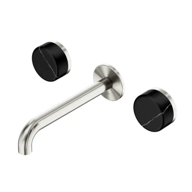 Nero Serenity Wall Basin Set 185mm Spout w/ Marquina Black Handle Brushed Nickel 24D122BN - Tapware 3 Piece
