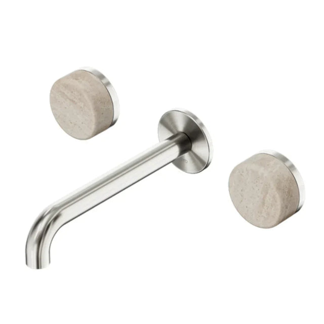 Nero Serenity Wall Basin Set 185mm Spout w/ Rome Travertine Handle Brushed Nickel 24D043BN - 3-Piece Tapware