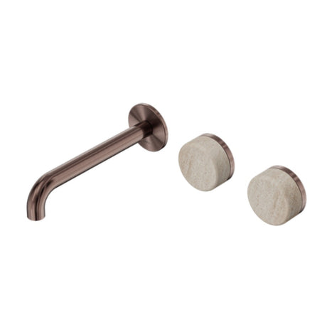 Nero Serenity Wall Basin Set 220mm Offset Spout w/ Rome Travertine Handle Brushed Bronze 24D067BZ - Tapware 3 Piece