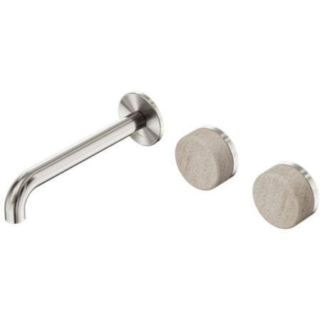 Nero Serenity Wall Basin Set 220mm Offset Spout w/ Rome Travertine Handle Brushed Nickel 24D067BN - Tapware 3 Piece