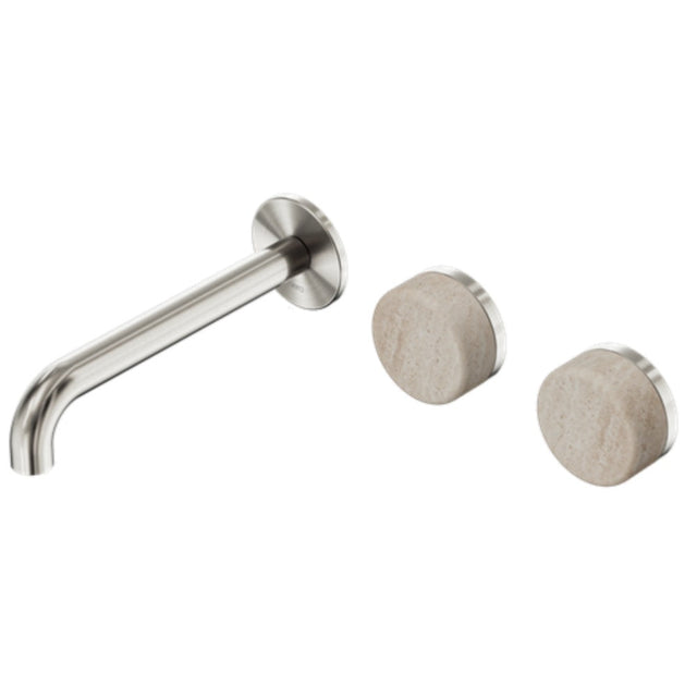 Nero Serenity Wall Basin Set 220mm Offset Spout w/ Rome Travertine Handle Brushed Nickel 24D067BN - Tapware 3 Piece