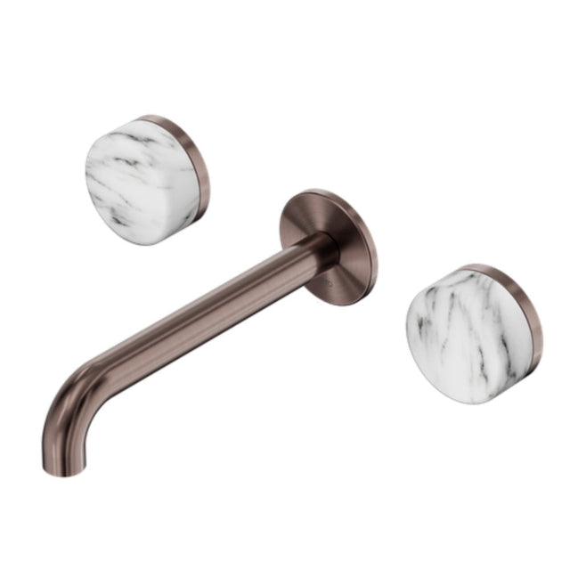 Nero Serenity Wall Basin Set 220mm Spout w/ Arabescato Corchia Handle Brushed Bronze 24D050BZ - 3-Piece Tapware