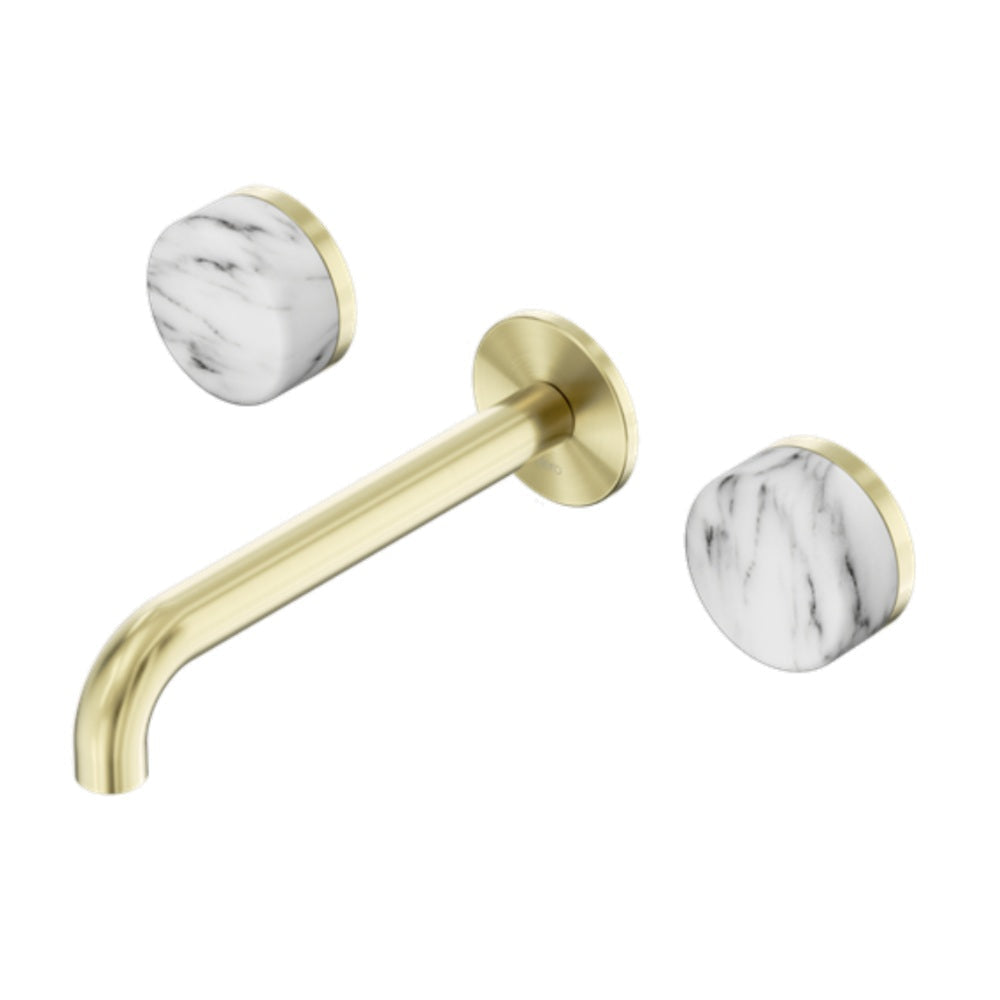 Nero Serenity Wall Basin Set 220mm Spout w/ Arabescato Corchia Handle Brushed Gold 24D050BG - 3-Piece Tapware