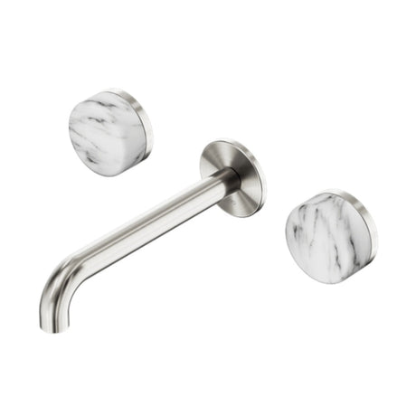 Nero Serenity Wall Basin Set 220mm Spout w/ Arabescato Corchia Handle Brushed Nickel 24D050BN - 3-Piece Tapware