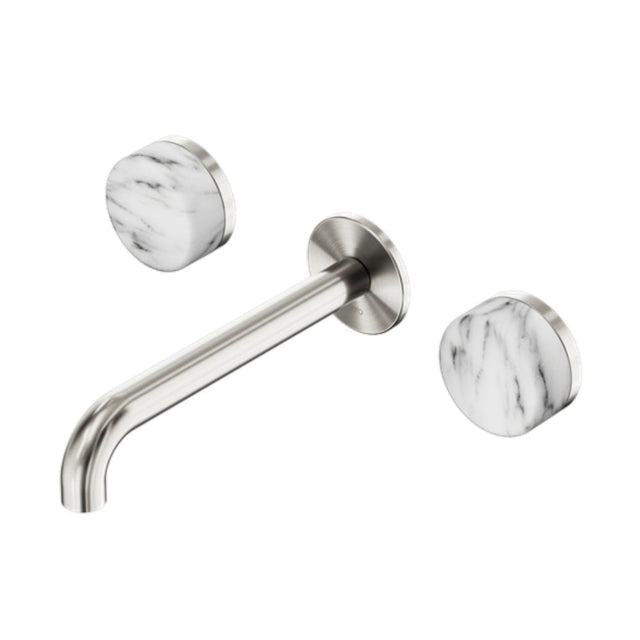 Nero Serenity Wall Basin Set 220mm Spout w/ Arabescato Corchia Handle Brushed Nickel 24D050BN - 3-Piece Tapware
