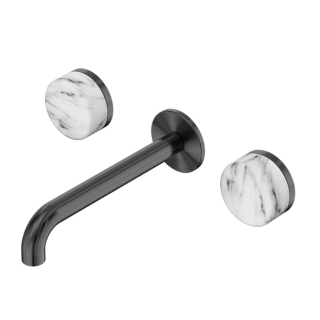 Nero Serenity Wall Basin Set 220mm Spout w/ Arabescato Corchia Handle Gunmetal 24D050GM - 3-Piece Tapware