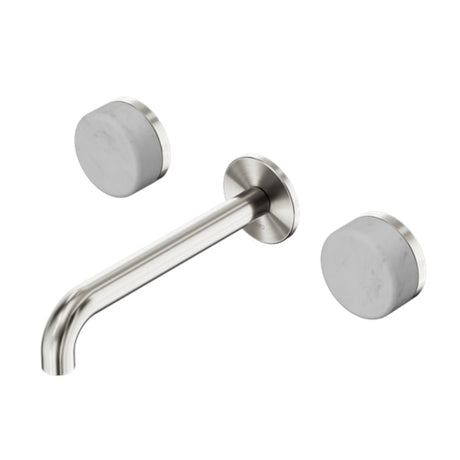 Nero Serenity Wall Basin Set 220mm Spout w/ Carrara Handle Brushed Nickel 24D047BN - Tapware 3 Piece