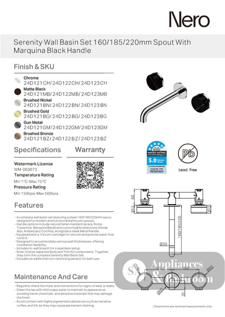 Nero Serenity Wall Basin Set 220mm Spout w/ Marquina Black Handle Brushed Bronze 24D123BZ - Tapware 3 Piece