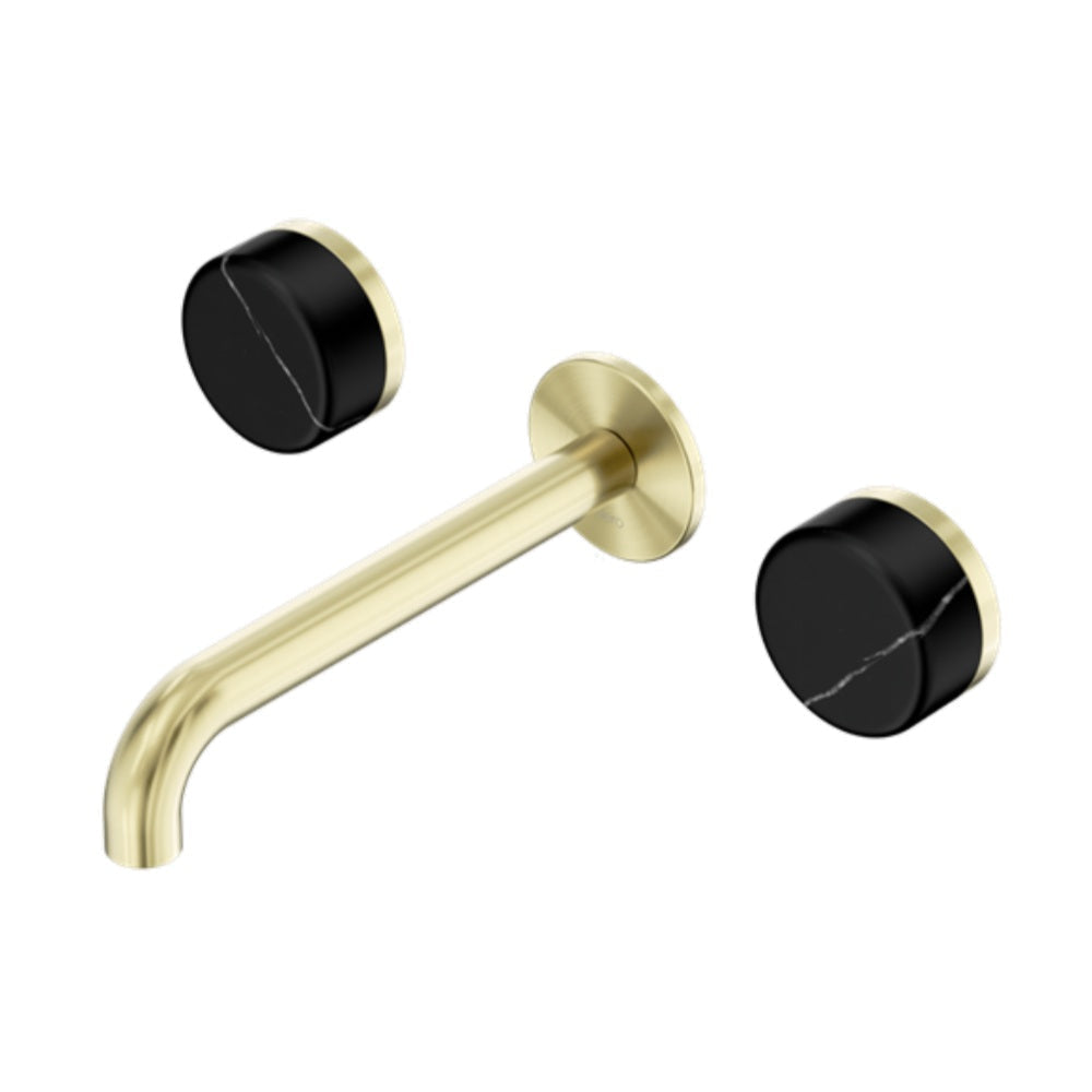 Nero Serenity Wall Basin Set 220mm Spout w/ Marquina Black Handle Brushed Gold 24D123BG - Tapware 3 Piece