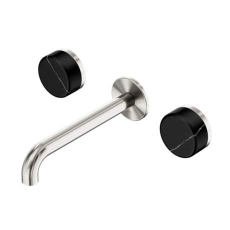 Nero Serenity Wall Basin Set 220mm Spout w/ Marquina Black Handle Brushed Nickel 24D123BN - Tapware 3 Piece