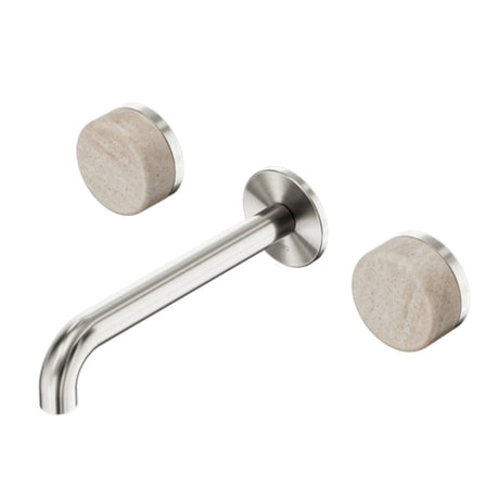 Nero Serenity Wall Basin Set 220mm Spout w/ Rome Travertine Handle Brushed Nickel 24D049BN - 3-Piece Tapware