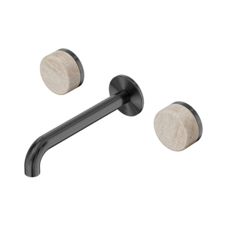 Nero Serenity Wall Basin Set 220mm Spout w/ Rome Travertine Handle Gunmetal 24D049GM - 3-Piece Tapware