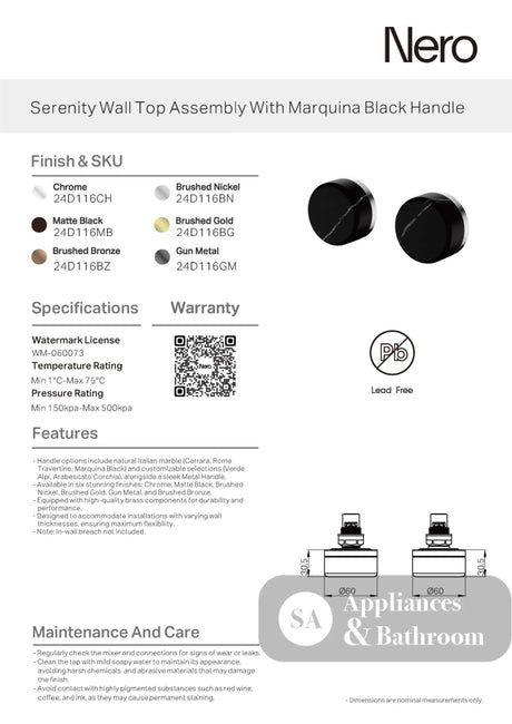 Nero Serenity Wall Top Assembly w/ Marquina Black Handle Gunmetal 24D116GM - Bathroom Wall Mixers