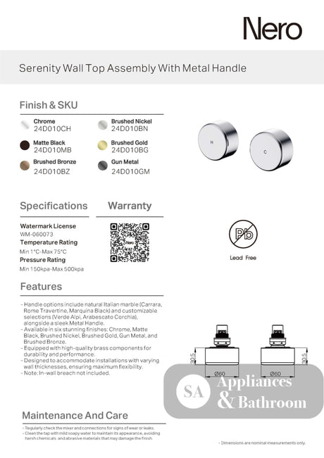 Nero Serenity Wall Top Assembly w/ Metal Handle Matte Black 24D010MB - Bathroom Wall Mixers