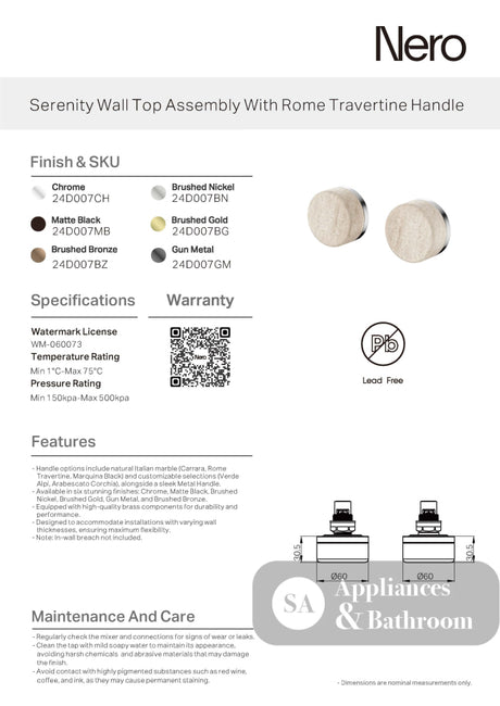 Nero Serenity Wall Top Assembly w/ Rome Travertine Handle Chrome 24D007CH - Bathroom Wall Mixers