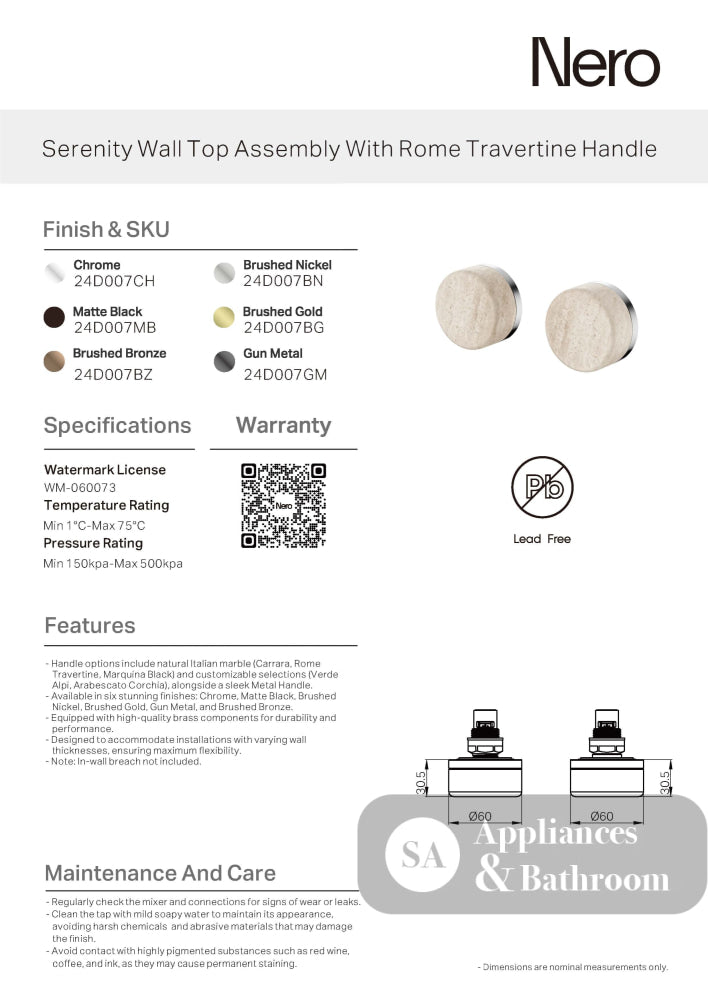 Nero Serenity Wall Top Assembly w/ Rome Travertine Handle Matte Black 24D007MB - Bathroom Wall Mixers