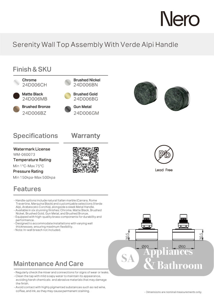 Nero Serenity Wall Top Assembly w/ Verde Alpi Handle Brushed Bronze 24D006BZ - Bathroom Wall Mixers