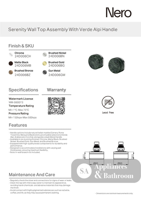 Nero Serenity Wall Top Assembly w/ Verde Alpi Handle Brushed Bronze 24D006BZ - Bathroom Wall Mixers