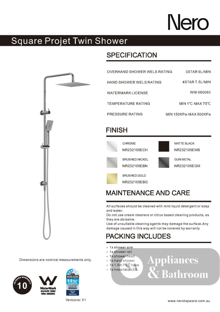 Nero Square Project Twin Shower Brushed Gold NR232105EBG - Twin Showers