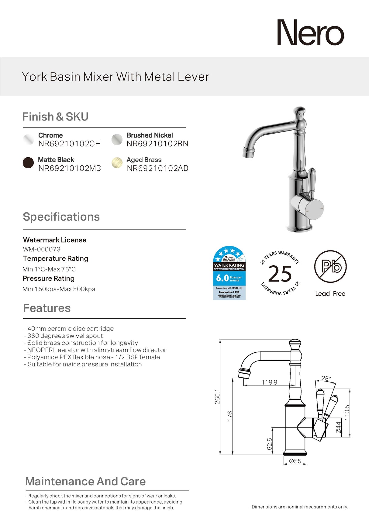 Nero York Tall Basin Mixer With Metal Lever, Brushed Nickel NR69210102BN
