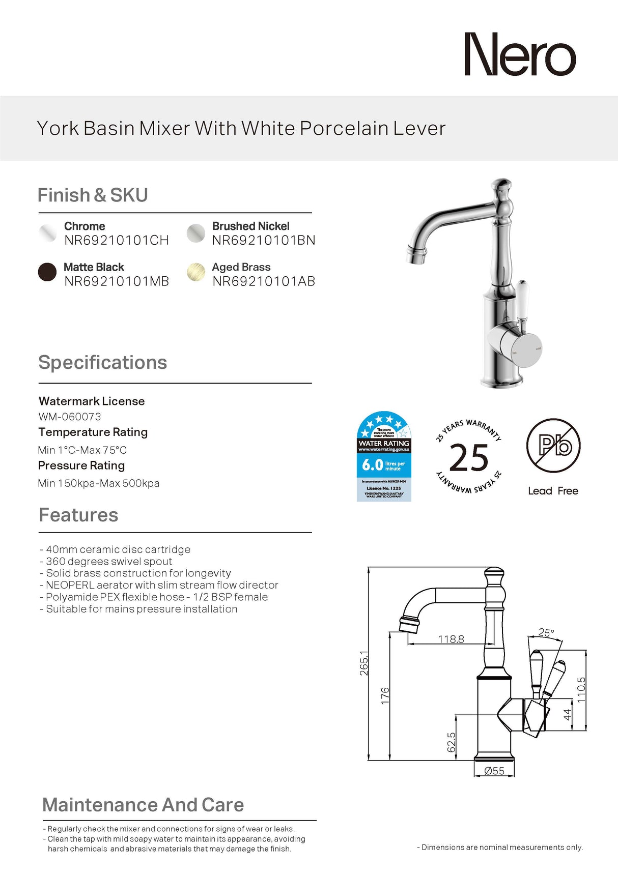 Nero York Tall Basin Mixer With White Porcelain Lever, Brushed Nickel NR69210101BN