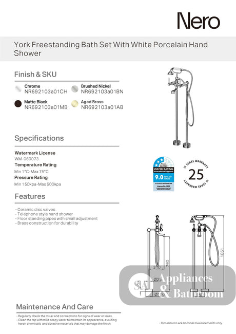 Nero York Freestanding Bath Mixer & Hand Shower with White Porcelain Lever Brushed Nickel NR692103A01BN - Hand Showers