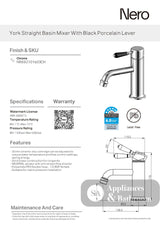 Nero York Straight Basin Mixer w/Black Porcelain Lever Chrome NR692101B03CH - Basin Mixers