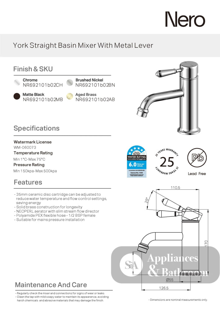 Nero York Straight Basin Mixer w/Metal Lever Matte Black NR692101B02MB - Basin Mixers