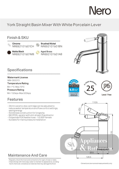 Nero York Straight Basin Mixer w/White Porcelain Lever Aged Brass NR692101B01AB - Basin Mixers