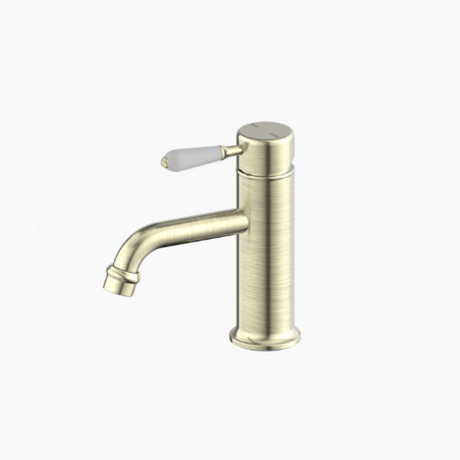 Nero York Straight Basin Mixer w/White Porcelain Lever Aged Brass NR692101B01AB - Basin Mixers