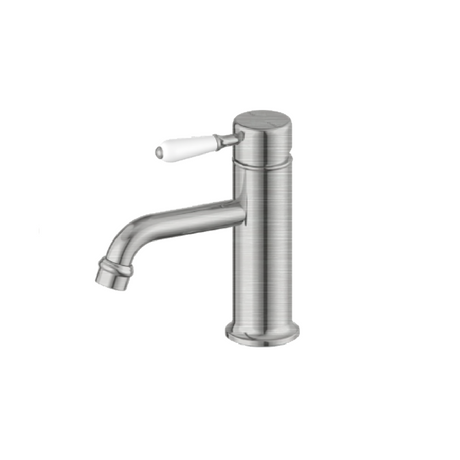 Nero York Straight Basin Mixer w/ White Porcelain Lever Brushed Nickel NR692101B01BN - Basin Mixers