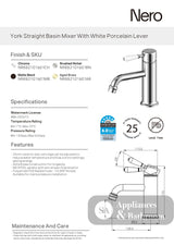 Nero York Straight Basin Mixer w/White Porcelain Lever Chrome NR692101B01CH - Basin Mixers