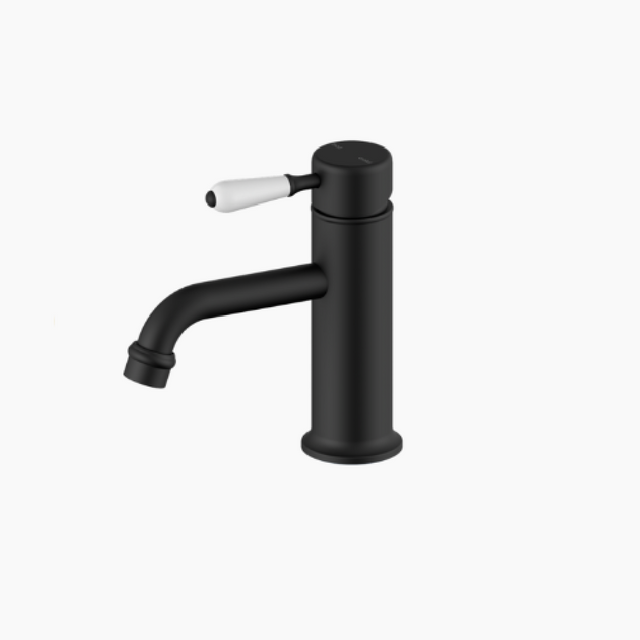 Nero York Straight Basin Mixer w/White Porcelain Lever Matte Black NR692101B01MB - Basin Mixers