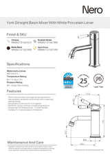 Nero York Straight Basin Mixer w/White Porcelain Lever Chrome NR692101B01CH