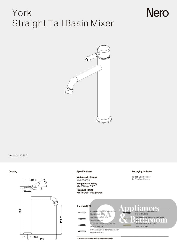 Nero York Straight Tall Basin Mixer Black Porcelain Lever Chrome NR692101A03CH - Basin Mixers