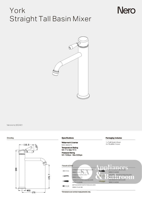 Nero York Straight Tall Basin Mixer Black Porcelain Lever Chrome NR692101A03CH - Basin Mixers