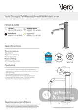 Nero York Straight Tall Basin Mixer Metal Lever Chrome NR692101A02CH - Basin Mixers