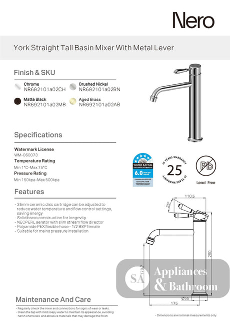 Nero York Straight Tall Basin Mixer Metal Lever Chrome NR692101A02CH - Basin Mixers