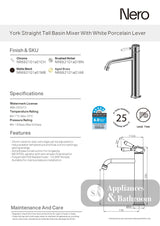 Nero York Straight Tall Basin Mixer White Porcelain Lever Matte Black NR692101A01MB - Basin Mixers