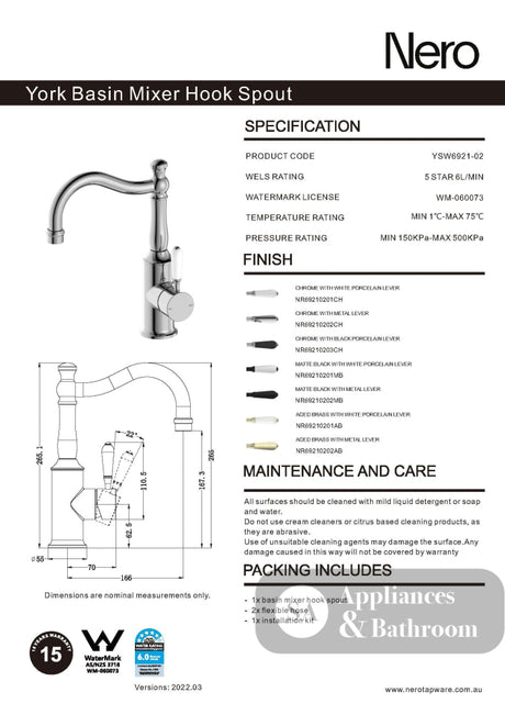 Nero York Tall Basin Mixer Hook Spout With Black Porcelain Lever Chrome NR69210203CH - Basin Mixers