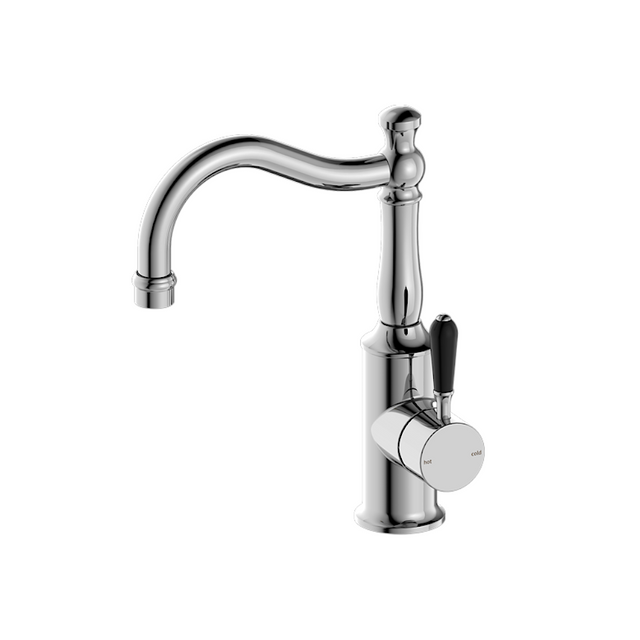Nero York Tall Basin Mixer Hook Spout With Black Porcelain Lever Chrome NR69210203CH - Basin Mixers