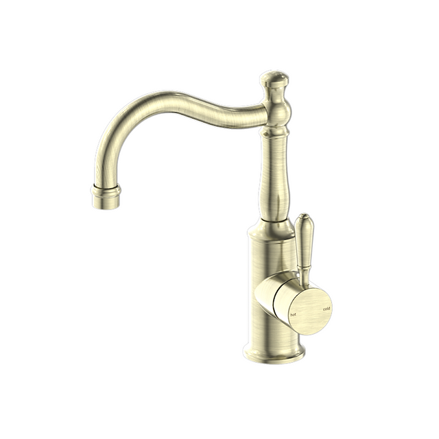 Nero York Tall Basin Mixer Hook Spout With Metal Lever Aged Brass NR69210202AB - Basin Mixers