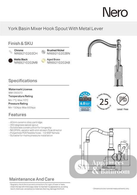 Nero York Tall Basin Mixer Hook Spout With Metal Lever Aged Brass NR69210202AB - Basin Mixers