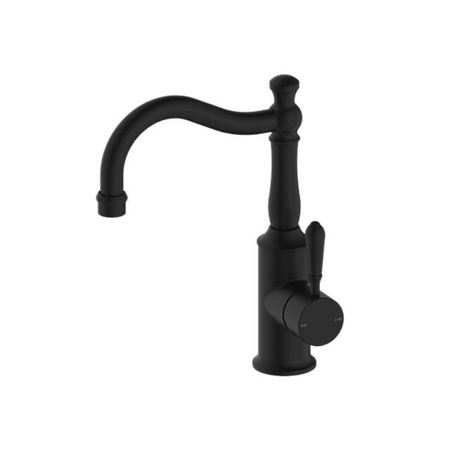 Nero York Tall Basin Mixer Hook Spout With Metal Lever Matte Black NR69210202MB - Basin Mixers