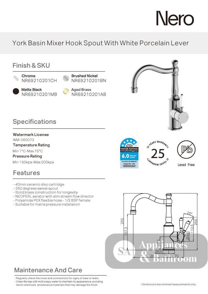 Nero York Tall Basin Mixer Hook Spout With White Porcelain Lever Aged Brass NR69210201AB - Basin Mixers